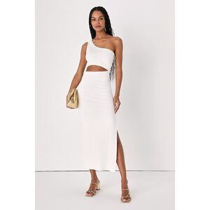 Lulus Spice Things Up Ivory Ribbed One-shoulder Cutout Midi Dress White